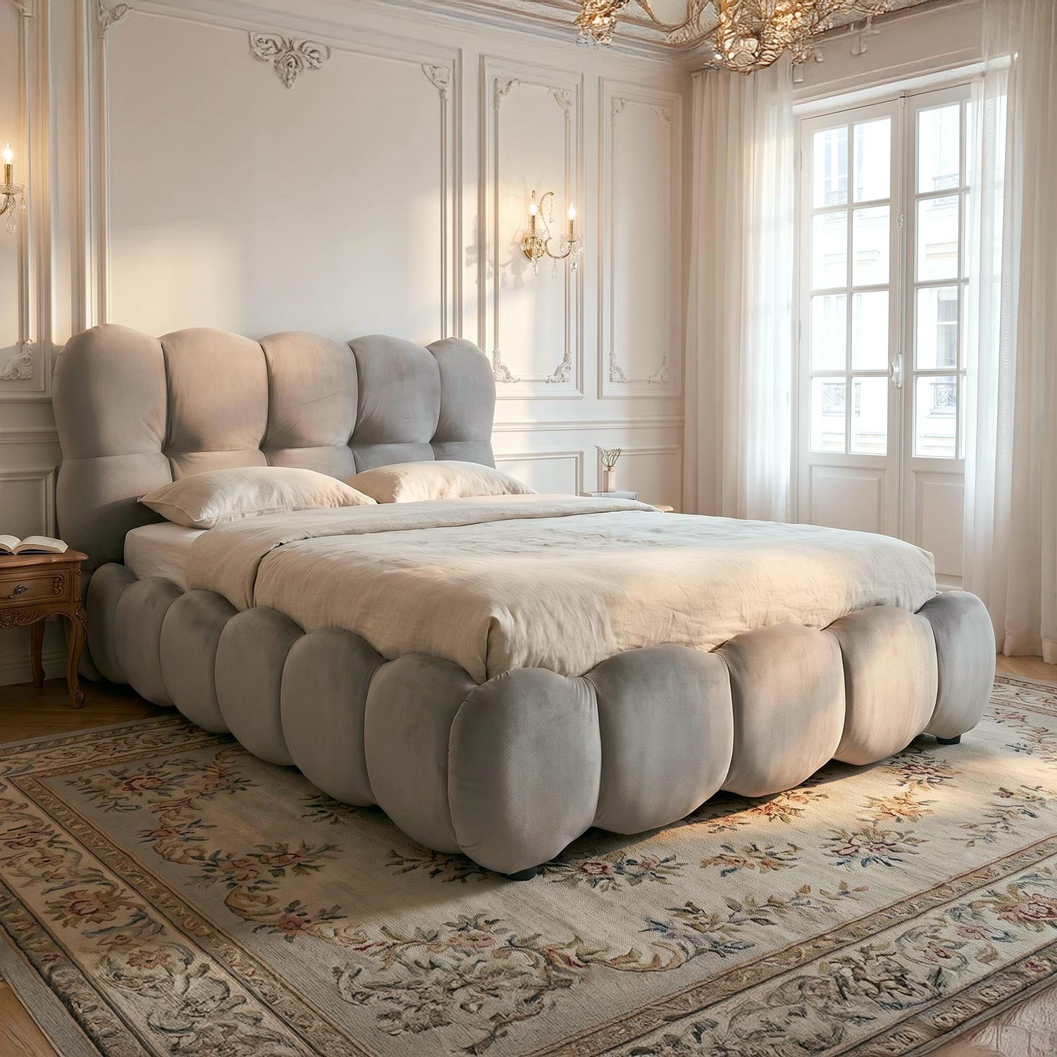 Lit-coffre design boule avec sommier relevable 140x200cm Velours Gris