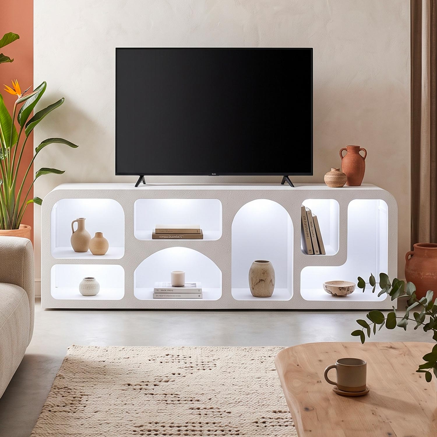 Buffet bas L160cm design arches avec LED intégrées Blanc
