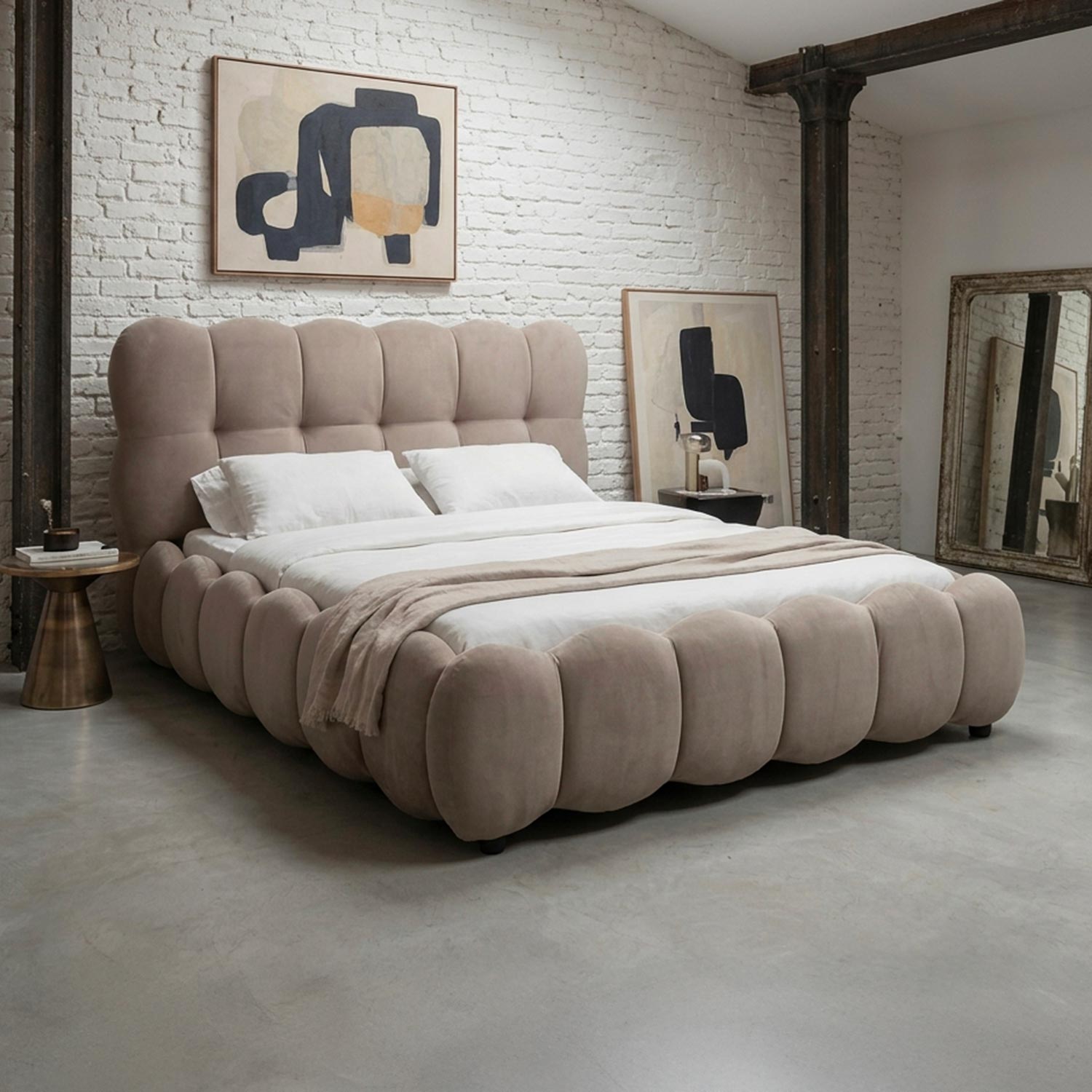 Lit-coffre design boule avec sommier relevable 160x200cm Velours Taupe